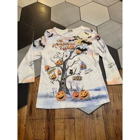 Vintage Halloween Pumpkin Tree Long Sleeve T-Shirt Spooky Graphic Tee Jewels M/L - Picture 1 of 5